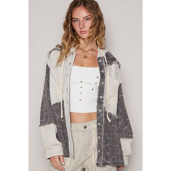 POL Black Cream Size Medium Balloon Sleeve Frayed Edge Detail Hoodie Jacket